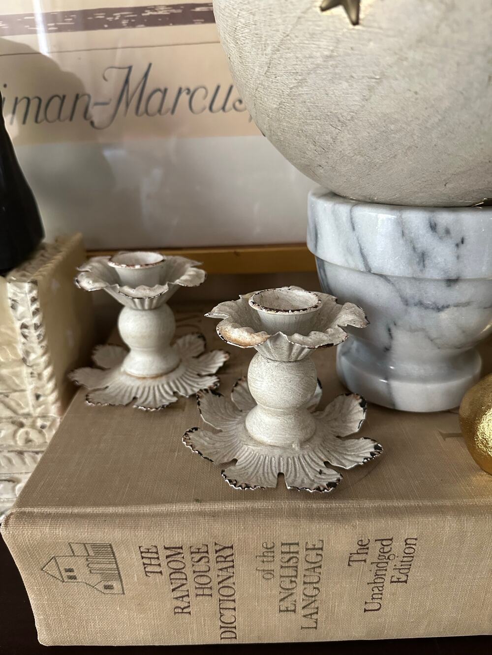 White metal floral taper candle holders distressed primitive pair cottage set